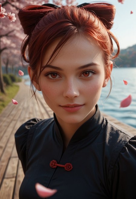 score_9_up, score_8_up, score_7_up, score_6_up, 1girl, 25 years old, perfect face, (adult), sexy,
three quarter view, detailed face, portrait, face focus, depth of field, looking at viewer, blush, shy smile, close up, 
red eyes, 
red hair, short hair, messy hair, hair bow, black bow, hair rings, 
black dress,  kung fu dress, 
dynamic pose, dynamic angle, 
day, blue sky, cherry blossoms, falling petals, outdoors, spring (season), wind, wind lift,
pier, ocean,