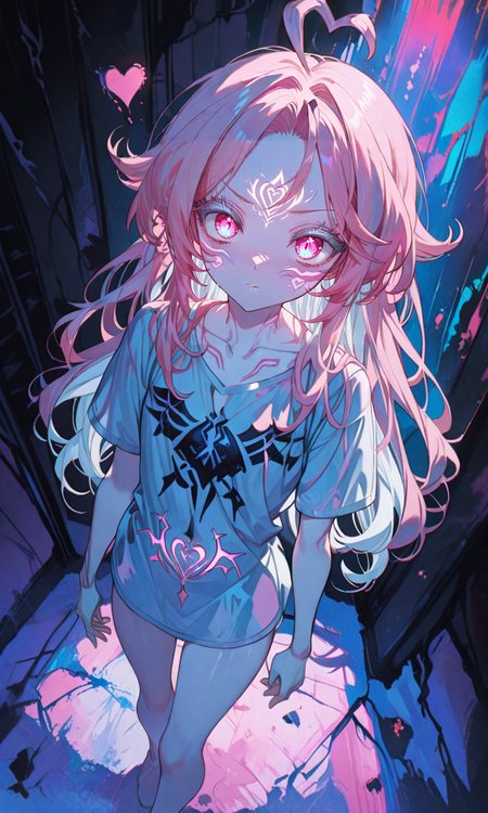 masterpiece,best quality,absurdres,very aesthetic,very awa,highres,newest,year 2024,year 2023,<lora:NLSTN-IL_1412568:1>,nlstn,glowing,dark,<lora:illustrious_quality_modifiers_masterpieces_v1_956369:0.7>,<lora:ponyv4_noob1_2_adamW-000017:0.7>,<lora:spo_sdxl_10ep_4k-data_lora_webui:0.6>,<lora:add-detail-xl:0.9>,<lora:KonyaKarasue-000008:0.4>,<lora:Isha_Illus_XL_1131795:0.6>,ishaILXL,heart ahoge,pink eyes,skinny,multicolored hair,white hair,pink hair,24 yo,24 year old girl,(white eyelashes:1.2),dynamic background,detailed,womb tattoo,dynamic_angle,flat chest,looking at viewer,facial mark,
masterpiece,best_quality,amazing_quality,very_aesthetic,absurdres,newest,1girl,closed mouth,collarbone,long hair,looking at viewer,shirt,short sleeves,solo,standing,rainbow colored spotlight,dynamic angle,dynamic posing,