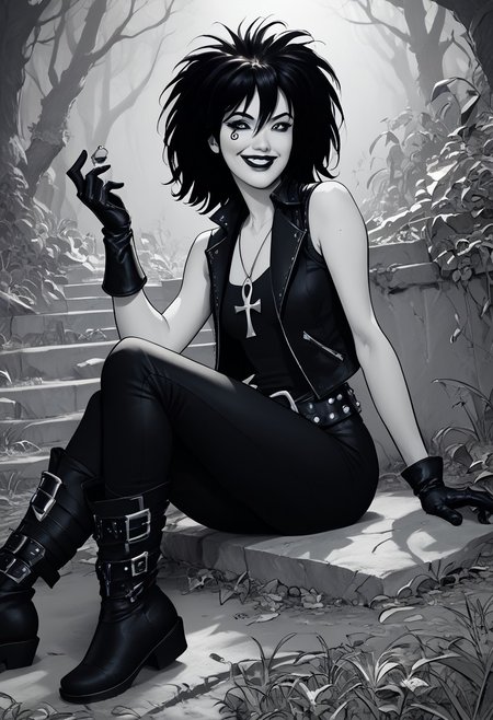 score_9, score_8_up,source_photo,hyper-realistic,perfect lighting,realistic lighting,high quality,dsk_death, 1girl, solo, jewelry, gloves, , boots, sitting, makeup, short hair, smile, lipstick, black hair, gothic, jewelry, necklace, ankh necklace, nail polish, leather jacket, black shirt, vest, short sleeves, tattoo, gloves, pants, lipstick, belt, spiked hair, black boots, comic art style, death_of_the_endless\(sandman\), greyscale, monochrome, cinematic angle, cinematic lighting, BREAK zPDXL2 PonyXLV6_Scores