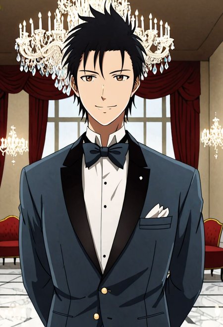 Highres, Masterpiece, High Quality, 4K, 8K, solo, 1Boy, Soujirou Agata, brown eyes, black hair, ballroom, luxury hotel, luxury room, marble floor, crystal chandelier, classic ornaments, tuxedo, smile, musterius, classy, confident, rich, easynegative, detailed_eye_model