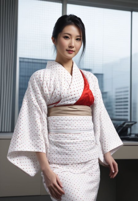 FOTOREALISTIC, night, long_straight black hair, beautiful japaneese_lady, tall, big_tits, white_japaneese_kimono_with_big_round_red_dots, office, background window_tokio,  score_9, score_8_up, score_7_up, score_6_up, score_5_up, score_4_up, UHD, 8K, masterpiece, ultra-realistic, Ultra detailed photorealistic background, photoreal, realistic high detailed beautiful face, anatomic correct bodies, ultra_high_resolution, Extremely Realistic, lots of detail, emty_hands, hands_hidden, sexy_red_boots.