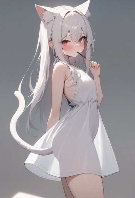 masterpiece,best quality,very aesthetic,absurdres,<lora:light_see:1>,see-through_silhouette,white_dress,1girl,solo,blush,very_long_hair,white_hair,small_breasts,highres,cat_ears,cat_tail,commentary,hair_between_eyes,looking_at_viewer,pocky,red_eyes,simple_background,white_background,