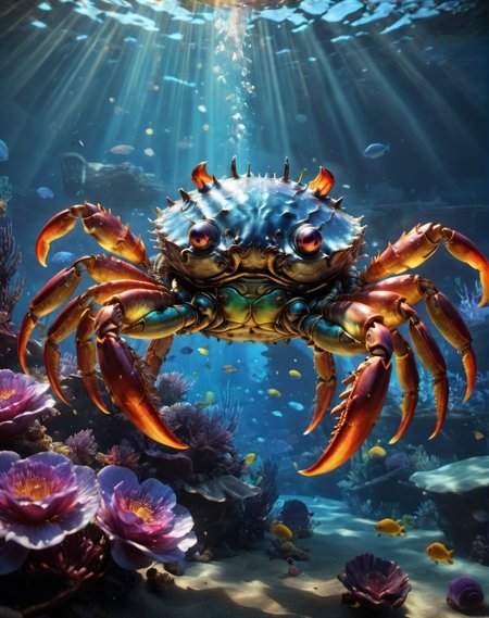 rainbowdreamxl,close up of a rainbow mega crab chilling underwater,bubless surrounding him,epic,trending on artstation,awardwinning,bokeh,cinematic,private press,art by beeple and ((h.r giger,joji shinkawa consruct)) <lora:rainbowdreamxl-000004:0.6>