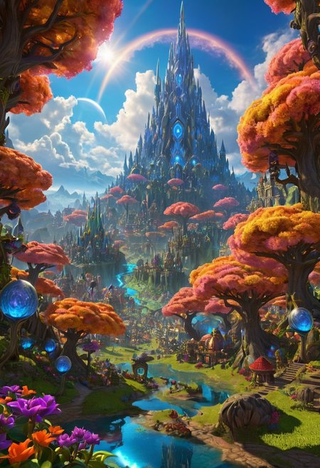 (masterpiece:1.5), unreal 8k wallpaper, unity 8k wallpaper, score 9, score 8 up, score 7 up, masterpiece_portrait, extreme quality, reflection, surface reflection, dynamic lighting, Cinematic style, cinematic quality, ((no humans, no people)), photorealistic, realistic, a spectrum of iridescent colors, precise, fractal design, flowing curves, precision, colorful, fractal geometry, harmonic interference, digital illustration, photo manipulation, altered realities, fantastical scenes, digital artistry, striking visuals, sharp focus, detailed background, light reflection, mythic, fantasy, A huge open valley in Warcraft, in the center of the valley is (massive Warcraft City), the (massive Warcraft City) has been here for a very long time, strange alien foliage has started to grow over it, when  this (massive Warcraft City) was built no one knows it has long been forgotten, beautiful blue skies majestic clouds, strange alien trees dot the landscape, in the sky you can see a massive moons is all inspiring and a little frightening, the valley is also covered in beautiful multicolored flowers and multicolored trees, no life can be seen anywhere, 3D, metallic reflection, massive Warcraft City, the vast World of Warcraft,