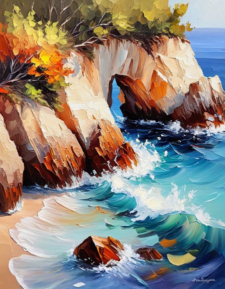 novuschroma25 style private cove featuring rocky formations, crystal clear water  as an impasto painting <lora:novuschroma25 style_light:1>