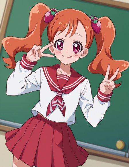 score_9, score_8_up, score_7_up, source_anime,
<lora:ichika-usami-anime-ponyxl-lora-nochekaiser:1>, ichika usami, hair ornament, twintails, pink eyes,
skirt, long sleeves, school uniform, serafuku, sailor collar, orange hair, red skirt, food-themed hair ornament, red sailor collar, strawberry hair ornament,
classroom, smile, blush, v, v over eye, tongue,
looking at viewer, cowboy shot, dutch angle, solo,