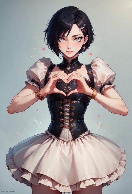 score_9, score_8_up, score_7_up, 1boy, femboy, otoko no ko, short hair, bob cut hair, black hair, grey eyes, gray eyes, feminine face, toned body, Shelly, 
lace corset and skirt, embroidered cutouts, earrings, bracelets, ornate hairclip, 
highly detailed, intricate, zzCitronCAT, contrapposto, heart hands, modelshoot, complex background