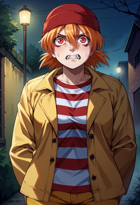 score_9, score_8_up,score_7_up, source_anime, 1girl, solo, <lora:EPhsSeras:1>,
orange hair, short hair, red eyes, hair between eyes,
SerVic,striped shirt, open jacket, beanie, red headwear, striped clothes, yellow pants, open clothes, long sleeves,
clenched teeth, female focus, night, outdoors, sweatdrop, worried, hiding, fang, vampire, darkness, fog, horror \(theme\),