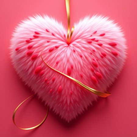 beautiful art dedicated to the holiday "Valentine's Day",a pink fluffy heart with red patterns on it,a golden ribbon binds a pink fluffy heart.digital art style, close-up,gold design