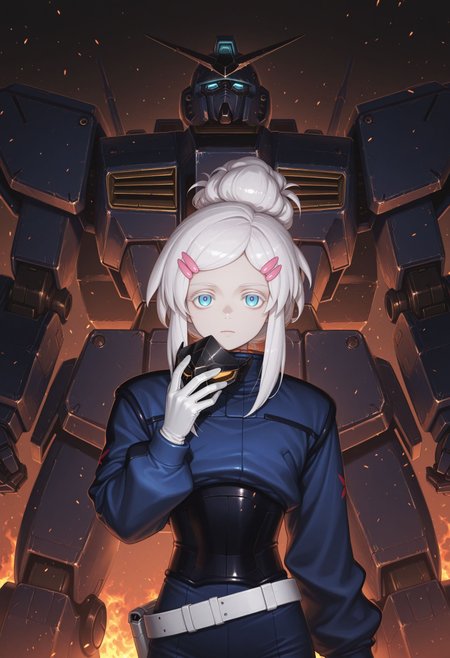 masterpiece,best quality,absurdres,highres,very aesthetic,high quality,detailed,insanely detailed,beautiful,  solo
white eyelash, expressionless
 <lora:Deux illu:1>, 1girl, robot, mecha, hairclip, holding mask, white hair, single hair bun, fire, white gloves, science fiction, hair ornament, blue eyes, embers, looking at viewer, blue jacket, unworn mask, mobile suit, v-fin, glowing, belt, pilot suit