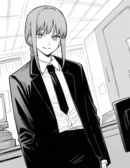 score_9, score_8_up, score_7_up, source_anime,
makima, <lora:chainsawman-makima-manga-ponyxl-lora-nochekaiser:1>,
makima, long hair, smile, bangs, braid, braided ponytail, ringed eyes, monochrome, greyscale,
shirt, long sleeves, jacket, white shirt, necktie, collared shirt, pants, black jacket, black pants, formal, suit, black necktie, shirt tucked in, office lady,
indoors, office, smile,
looking at viewer, cowboy shot, dutch angle, solo,