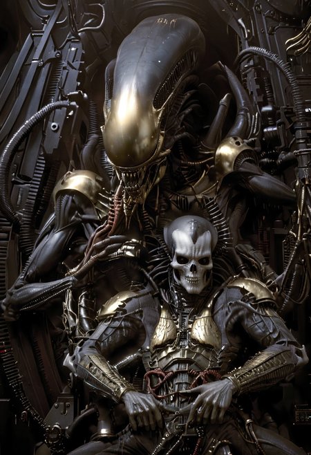 An insanely Detailed Divine Xenomorph, Golden and silver in color, cyberpunk, a crimson tinge to the golden color, Hyperdetailed, Omnipresent, Beautiful, Sinister overtones, otherworldly,by HR Giger