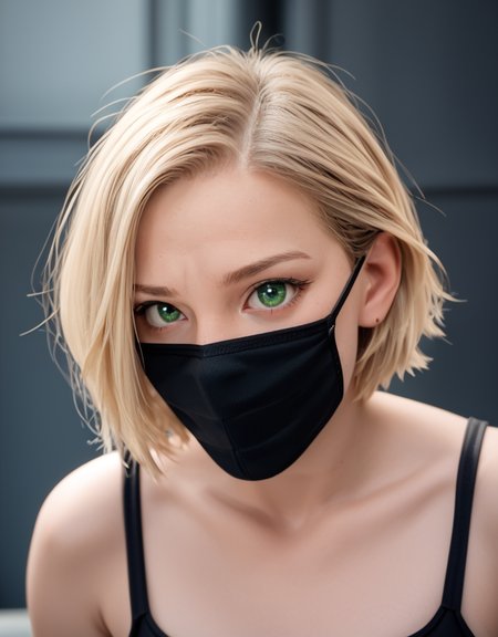 zPDXL2, <lora:TechwearV2:1>, t3chwear, 
1girl, cute face, detailed eyes, short blonde hair, green eyes, black face mask, closeup, city in the background