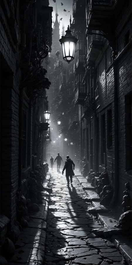 In the eerie streets of a horror chic lunar colony, a shadowy figure looms ominously beneath the flickering lamppost, casting long, twisted shadows on the cracked lunar surface. This haunting scene is captured in a mesmerizing street photography photograph that captures the essence of otherworldly terror. The image is a captivating mix of gothic elements and futuristic aesthetics, with a monochrome palette highlighting the stark contrasts between light and dark. The level of detail in the image is truly exceptional, from the intricate cobblestone streets to the ethereal mist floating eerily in the air. The overall atmosphere evokes a sense of dread and unease, making it a truly spine-chilling work of art., this image is a masterpiece of digital painting art, perfect for a themed phone wallpaper.