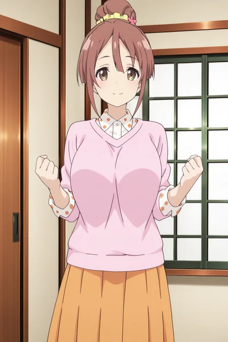 anime screenshot, 1girl, solo, shinomiya shiori, brown hair, single hair bun, yellow scrunchie, hair scrunchie, hair flower, brown eyes, large breasts, pink sweater, white shirt, collared shirt, polka dot shirt, long sleeves, orange skirt, pleated skirt, long skirt, looking at viewer, smile, hands up, clenched hands, cowboy shot, indoors, masterpiece, best quality, high quality, highres, absurdres,  <lora:shinomiya_shiori_ILXL:0.9>