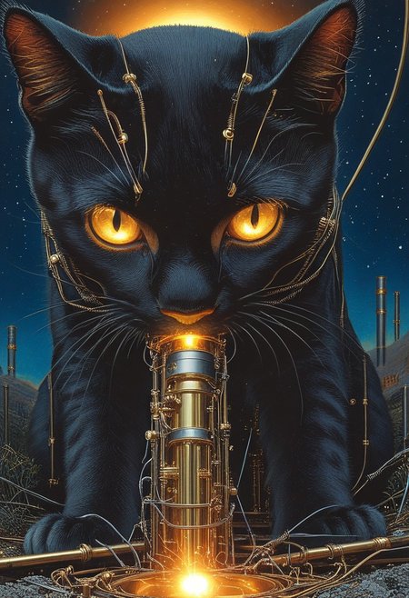masterpiece, best quality, very aesthetic, absurdres, HyperDetailed Illustration, qu4ntum, epic background, nightsky landscapes with vibrant (brass pipes) and (silver wires) and gold circuits, a cat covered in gold circuits, glowing eyes, vivid eye color, (beautiful eyes:1.2), (gradient iris, crisp iris edges), confident pose, cat  pose, eating a chunk of silver wires,