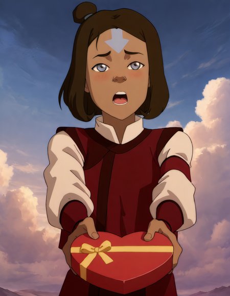 explicit, recent, highres, masterpiece, masterpiece,best quality,amazing quality, 1girl, anime screencap, heart-shaped box, holding, box, gift, valentine, incoming gift, closed eyes, blush, open mouth, outstretched arms, outdoors, night sky, clouds, shouting, Korra Avatar, The Legend of Korra, Dark brown hair, Blue eyes, Tanned skin, Athletic build, Water Tribe attire, Armbands, Ponytail, Thick eyebrows, Muscular physique, , blue-arrow tattoo, forehead mark