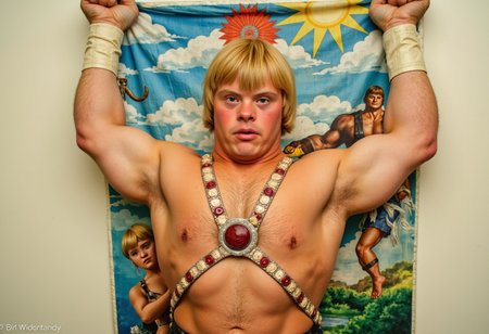 Down syndrome, an old photo of a jacked up on anabolic steroids muscular He-Man with Down syndrome hanging up artwork.  No watermark, no signature, no logo, no deformed hands.