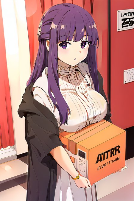 oppairest, holding box, breasts on box,walking <lora:_sdxl-oppairest-pony:1.2>,   <lora:SousouNoFrieren_FernXL:0.8> FernSSnF,purple hair, long hair, purple eyes, bright pupils, blunt bangs,large breasts, FernCasual, white dress, black robe, open clothes, hood, frilled collar, Score_9, Score_8_up, Score_7_up, Score_6_up, Score_5_up, Score_4_up, BREAK,1girl in full growth, best quality, masterpiece, ultra-detailed, high quality,good quality,1 girl,(master piece,high resolution, ultra detailed,8K,16K),look at viewer