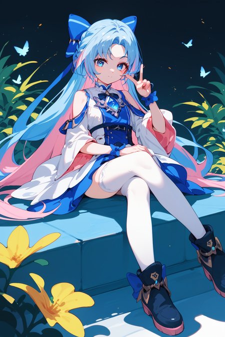 (score_9,score_8_up,score_7_up,),<lora:shume-000020:0.9>,shume,multicolored hair,long hair,pink hair,braid,hair bow,parted bangs,blue eyes,blue hair,white thighhighs,white dress,shoes,sitting,V,