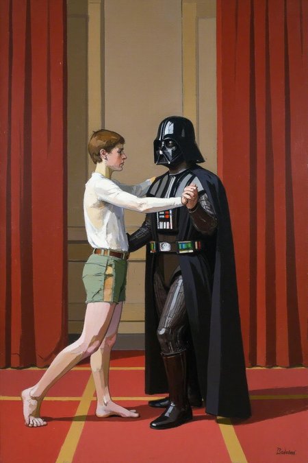 euanuglow1 painting.
Luke Skywalker dancing with Darth Vader inside the Emperor's Throne Room, <lora:euanuglow1_cap_d6aee11:1.0><lora:845528492197107821:0>