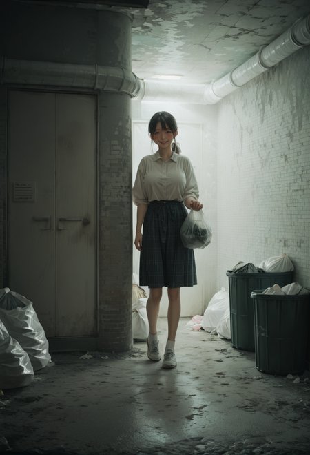 ,ruanyi0984,indoors,trash bag,trash can,<lora:0984 Untitled_v1_pony:0.9>, score_9, score_8_up, score_7_up, score_6_up, score_9, score_8_up, score_7_up, score_6_up source_anime, blush, 1girl, seduce smile, perfect body , natural huge breasts