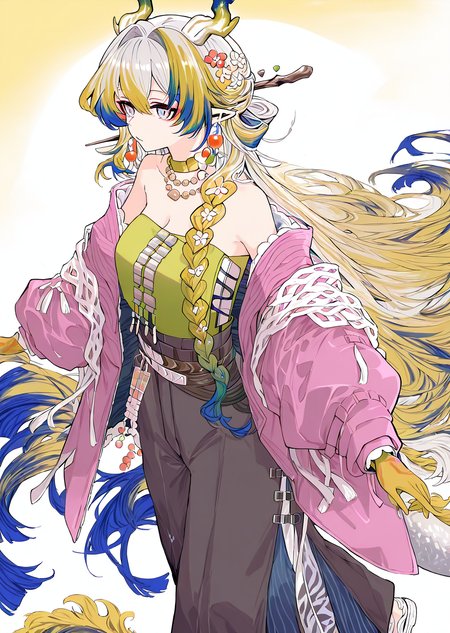 <lora:BebopSensen250208:1>,BebopSensen,<lora:shu_arknights_for_IL:1>,shu_\(spring_feast\)_\(arknights\),dragon horns,multicolored hair,dragon tail,pointy ears,multicolored eyes,streaked hair,side braid,hair stick,green choker,necklace,tassel earrings,hair flower,green tube top,wide pants,pink jacket,off shoulder,sandals,<lora:NOOB_vp1_detailer_by_volnovik_v1:1>,<lora:noobai_ep11_stabilizer_v0.138_fp16:1>,