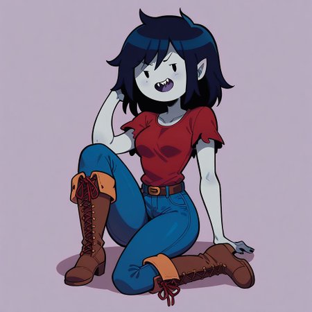 marceline from adventure time,grey skin,(flat cartoon), 1girl,vampire,[masterpiece], dot eyes,red top,blue jeans ,boots,vampir sharp teeth