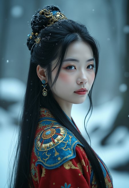 breathtaking cinematic film still A realistic, high-definition image of a young 26yo beautiful Chinese woman with pale skin and long dark hair, blue mystical make up, striking white eyes with ,  pale blue lips. She wears an ornate, traditional garment in red gold and blue with dragon-like designs on the shoulders. Set against a blurred snowy landscape with dark rocks and trees creating a serene mystical atmosphere. The style focuses on realistic textures, intricate details, and ethereal beauty, evoking a contemplative, mystical mood.
highly detailed background
<lora:ImageUpgraderV2:0.6>  . shallow depth of field, vignette, highly detailed, high budget, bokeh, cinemascope, moody, epic, gorgeous, film grain, grainy . award-winning, professional, highly detailed