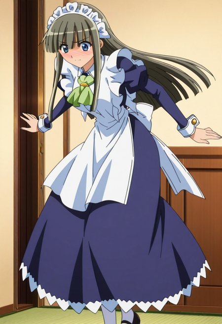 official art, detailed anime, finetuneanime,anime screencap, ultra detailed anime art, anime screencap, screencap, score_9, score_8_up, score_7_up, masterpiece, anime coloring, source_anime, Fubuki Maid, 1girl, solo, maid, maid headdress, blue eyes, blush, maid, green ascot, jewelry tie, sidelocks, long hair, large breast, curvy, large hips, pantyhose, shoes, cinnamon gray hair, sidelocks apron, blue dress, white pantyhose, blunt bangs, white patent cuffs, long sleeves, frills, juliet sleeves, maid apron, mary janes, very long hair, puffy sleeves, hair over eyes
BREAK
fullbody shot, standing, embarrassed, hands on leap,  dynamic pose,