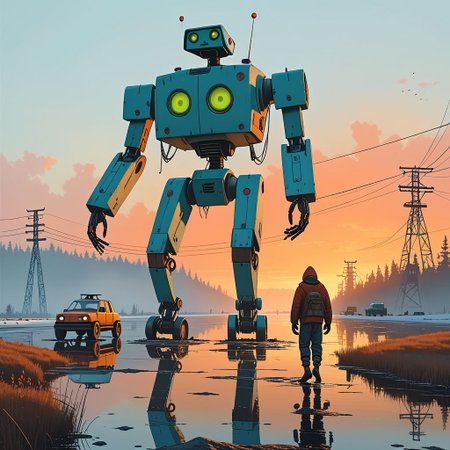 Cinematic, shot.
Dynamic view of an ancient goofy 12m tall disturbing (smiling) Sloth-shaped robot (and a man in front of it) in Simon Stalenhag's style from a futuristic era, at dusk hour with very long and realistic projected shadows, detailed frame, painting looks to be life like, on the ground, magical multicolored ink, high quality, imagination, fantasy art, vivid magical colors.
The shot takes place near an highway.
The robot is trying to cross an iced lake walking on four legs.
Many details everywhere. Ray-Tracing. Anti-Aliasing. Realistic reflections. Realistic soft shadows.
Slightly desaturated colors. 
Insane quality. Insane resolution. Insane details. Masterpiece.
16k resolution
By Simon Stalenhag.