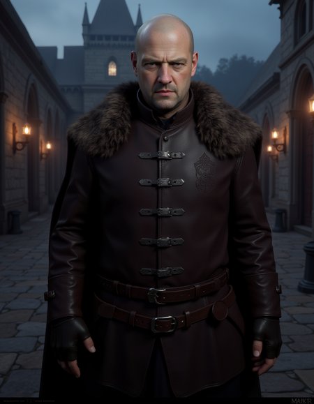Ha_nk_Break_Bad_2025 - Medieval Fantasy Setting
This is a highly detailed CGI rendering of a man's three-quarter view, set against the backdrop of a medieval castle courtyard at dusk. The subject is a middle-aged, bald man with a pale, weathered complexion, a prominent nose, and a stern, serious expression. His deep-set eyes carry a cold, contemplative gaze.
He is dressed in a rugged, dark leather tunic with intricate silver buckles and a fur-lined cloak draped over one shoulder. The tunic is adorned with subtle runic embroidery, hinting at a mysterious past. A worn sword hangs at his side, and his hands are clad in fingerless gloves. The background features stone walls, torches casting flickering light, and a faint mist rolling in, enhancing the dramatic atmosphere. <lora:Ha_nk_Break_Bad_2025:1.0> <lora:AntiBlur:1.0>