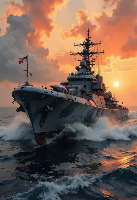 a_skynet_cyberdyne_craft, the image is featuring a, A dinkfsn style ink wash painting, intricate linework with expressive contrasts, gradient vibrant neon colour, rough, textural, broad brush strokes, a sleek military torpedo boat in camouflage greys and blacks traversing rapidly across a choppy ocean, sunset,