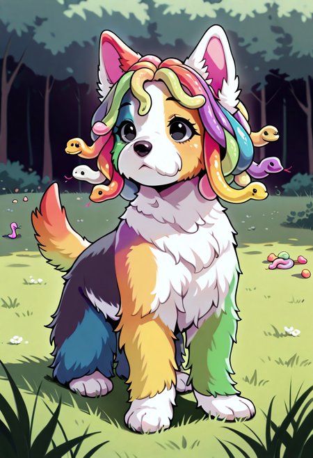 masterpiece, best quality, amazing quality, very aesthetic, absurdres,  amazing detail, intricate detail, fluffy Scottish terrier, w3st13, black eyes, rainbow fur, dog, animal focus, snake_hair all over the body, gummy worm hair, gradient hair, sugar, multicolored hair, playing in a back yard grass lawn, ral-fluff