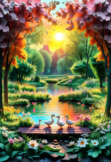 wide landscape view, fantastic HT scene, 
summer. Pond, floating duck and swans, grass and flowers on the bank, bench on the bank, a sunny day, (((man and a woman))), stand on the bank of the pond, holding hands
high contrast, stylized, clear, surreal, ultra quality , 8k, best quality, masterpiece, textural, artistic, vivid color, vivid background, midjourneyv6.1, Colorful Chaos Cracks and Drops, surr, psychedelicv2lora, colorful, abstract, psychvibes artstyle, Papercut
