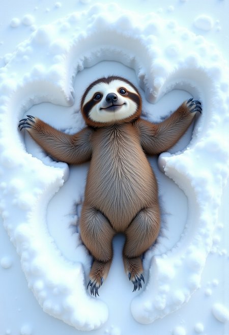 ck-sl0thmas,, a high quality digital image of an adorable little sloth outside in the fresh snow, the sloth is lying face up on the ground making a snow angel by waving his arms and legs around, the image is taken from directly above the sloth, the shape of an angel has been carved into the snow underneath the sloth