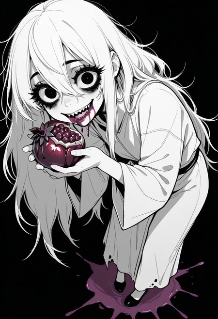 tfaix
black eyes, bags under eyes,    
big eyes,  (black eyeshadow:0.8),  thick eyelashes, 
from side, monochrome, greyscale, simple background, black background, 
looking at viewer, looking down, (wild, crazy smile:1.2), solo, 1girl, full body, white robe, torn clothing, holding a purple half-eaten pomegranate , (purple pomegranate with a bite missing:1.2, half-eaten purple pomegranate:1.5), perspective, (sharp teeth:1.2), purple liquid on mouth, purple liquid on face, half-closed eyes, + +,   black eyeliner, white hair,
masterpiece, best quality, amazing quality,
dark messy sketch, messy lineart, unfinished,
(horror \(theme\),:1.2)