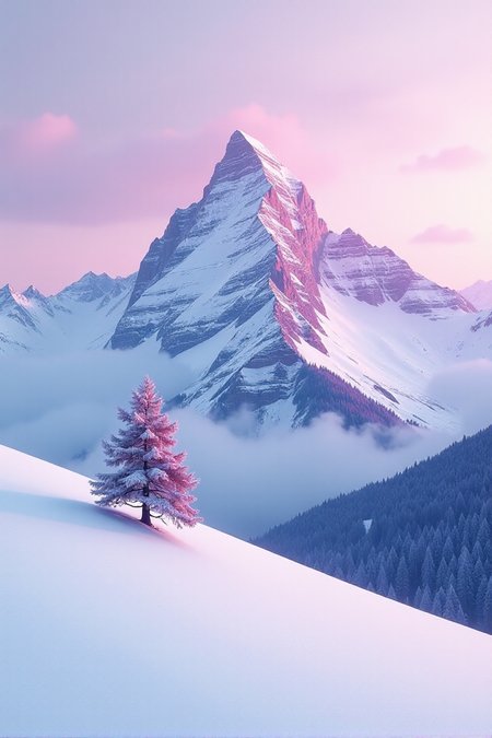 a snow covered mountain with a lone tree in the foreground, keisuke goto, gradient light purple, leading to a beautiful, sparse, carpathian mountains, awarded winning photo, beautiful avatar pictures, pink hues, gentle shadowing, in a desolate, images, <lora:Landscapes_II:0.8>âââ