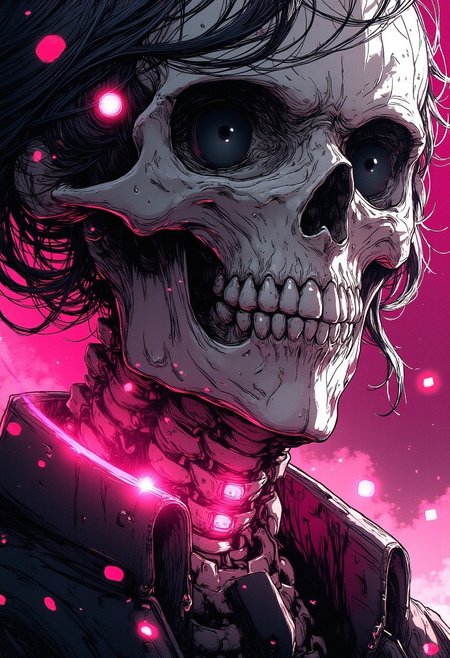 Nistyle, monochrome manga sketch, extreme face close-up of a gentleman skeleton with an elegant smile and striking features. The skeleton wears a high collar and a suit with sci-fi elements. The eyes are shaded, exuding a deadly elegance, with bushy eyebrows accentuating the intense gaze. The sketch is hyper-detailed in manga style, featuring vibrant neon color highlights in bleached tones, combined with gray and white color grading for a dramatic effect.