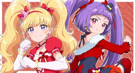 <lora:mahoutsukai_precure_all_in_one_illustXL_locon_v1:0.7> masterpiece, best quality, absurdres, very aesthetic, general, red background, multicolored background, 2girls,
cure miracle, cure miracle \(ruby style\), crmrclruby, blonde hair, twintails, very long hair, shiny hair, eyebrows visible through hair, purple eyes, eyelashes, mini witch hat, pink headwear, tilted headwear, heart hat ornament, red hairband, heart hair ornament, heart earrings, red bow, hair bow, red dress, white dress, two-tone dress, collarbone, puffy short sleeves, red choker, ribbon choker, frills, dress bow, back bow, white gloves, elbow gloves, bracelet, breast bow, striped bow, brooch, heart pocket, white legwear, smile, looking at looking at viewer, from side, back-to-back, fighting stance, clenched hands, upper body, 
cure magical, cure magical \(ruby style\), crmgclruby, purple hair, blunt bangs, twintails, shiny hair, very long hair, purple eyes, pink eyes, eyelashes, eyebrows visible through hair, hair ribbon, red ribbon, star earrings, mini witch hat, black headwear, tilted headwear, star hat ornament, red dress, striped clothes, red sleeves, long sleeves, detached sleeves, fur-trimmed sleeves, fur trim, bare shoulders, halterneck, bracelet, red bow, pink bow, striped bow, star ornament, red skirt, layered skirt, rilled skirt, bowtie, red neckwear, brooch, red thighhighs, garter straps, smile, looking at looking at viewer, from side, back-to-back, fighting stance, clenched hands, upper body,