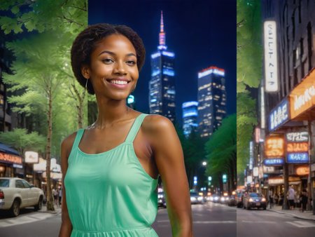 triptych, of a beautiful 25 years old black woman wearing a modest cotton sundress with a gentle smile, a futuristic city street in tokyo with neon lights at night, a sunny forest with aspen trees, style of (closeup photograph:2)  <lora:Triptych:1>