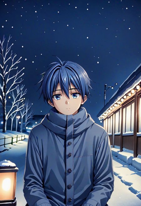 high resolution, solo, best quality, 1Boy, Tomoya Okazaki, Grey Blue Hair, winter, Northern Lights, Stargazing, OverallDetail