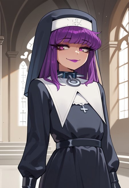 score_9, score_8_up, score_7_up, 1girl, purple hair, long hair, bangs, purple eyes, long eyelashes, makeup, purple lips, otoko no ko, nuns veil, black latex gloves, black thigh high, spiked collar, habit, black dress,
flat chest, closed mouth, inside a palace, long sleeves, solo, smile