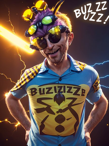 (Electabuzz, wearing sun glasses, (wearing shirt with text written on it "BUZZ":1.5) making silly face, wearing a cape, in dark dungeon, lightning all around, epic lighting (best quality, 4k, masterpiece, realistic, incredibly detailed, natural lighting, vibrant colors, professional photography, 4k)