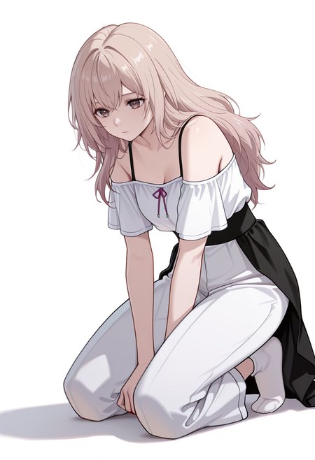 masterpiece,high quality details,
 <lora:Kazusa_Ootori_V2:0.8>
kazusa_cnr, 1girl, light brown hair, long hair, brown eyes,, simple background, white background, front view,solo,, expressionless,stifled laugh,, kneeling on floor,bent forward at waist,standing on tiptoes,, waist cape,off-shoulder top ,high-waist pants, ,calf socks,
