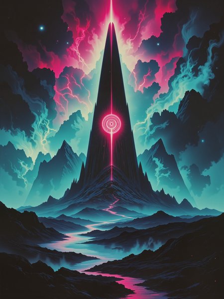 famous artwork, masterwork, highly aesthetic, fantasy, hyper-realistic, photo-realistic, ultra detailed, high resolution, uhd, 8k, 4k, epic,  dramatic, accurate, rule of thirds composition, at night, dim lighting, the tower of cosmic nihility, the farseeing eye that reveals, we may wander, lost in its light, the cosmic horror empowers me, an escape from my need to believe, arcane rune, haunted shadows, cosmic spire, eye in the sky, spectral sentinel, shimmering obelisk, forbidden knowledge, cosmic nebula, the color palette is predominantly dark anthrazit grey with aquamarine blue and and bordeaux red accents, lovecraftian, cthulhu mythos, ovg, aidmafluxpro1.1, arsmoviestill, 80s fantasy movie still, <lora:flux_pro1.1_detailer-v0.3-flux-by_aidma:0.6> <lora:style-80s_fantasy_movie-v3-flux-by_arsmachina:0.76>