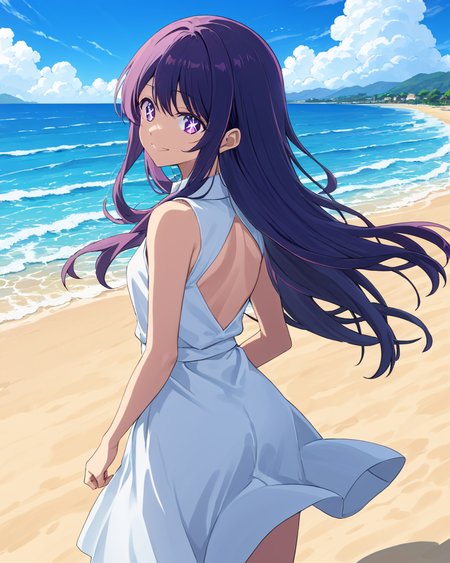 ai hoshino,1girl, solo, white_dress, looking_at_viewer, beach, outdoors, ocean, smile, looking_back, day, sleeveless_dress, sundress, skirt_hold, from_behind, sky, waves, cloud, standing
<lora:hoshino_ai_(oshi_no_ko)_image2321_2023-12-06:1>,star-shaped_pupils,symbol-shaped_pupils,. gorgeous,key visual, vibrant, studio anime,award-winning, professional, highly detailed,high budget, cinemascope