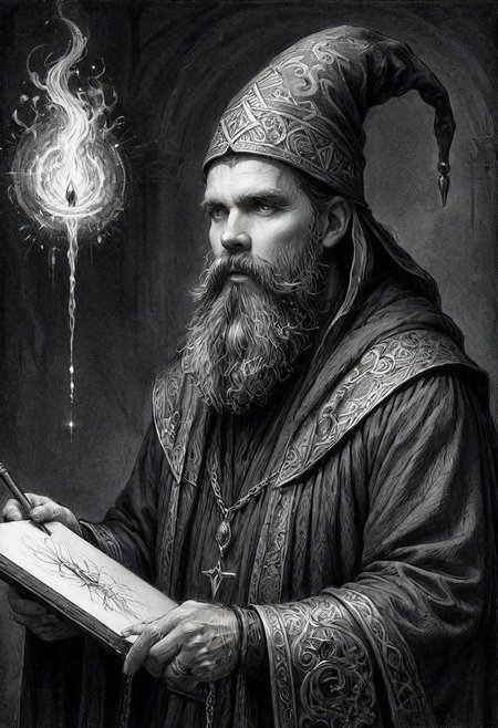 ink art, a black and white drawing of a bearded man wizard, a charcoal drawing by Ed Binkley, cgsociety, fantasy art, charcoal drawing, pencil sketch, detailed painting