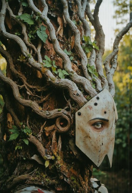 rootform, extreme head Closeup, a pristine white birch tree knightess with billowing Hair Made of branches with Green leafs and an lower Body Made of roots coming from the ground, Mossy birch Forest, intricate black and White birch bark, atmospheric backlight, Piercing Look at viewer