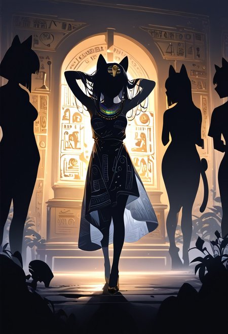 (masterpiece, best quality), (score_9, score_8_up, score_7_up,source_anime), 4K8K, high res image, Uncorrected, white print, lineart print, print, 
from front, Porcelain wall, 
Ankha_(Animal_Crossing), (silhouette Ankha solo:1.3), 
(animals), silhouette, backlit, backlighting, dark night, Porcelain Mix Gold, pmg style, 
(golden lines, white silhouette skin, Skin like porcelain), 
standing on tiptoes, reaching out, arms up, 
(small stature, petite:1.3), (breasts:1.1), (white hair, verry long hair, cat ears),
(wearing Porcelain clothing, Porcelain Egyptian-style dress),